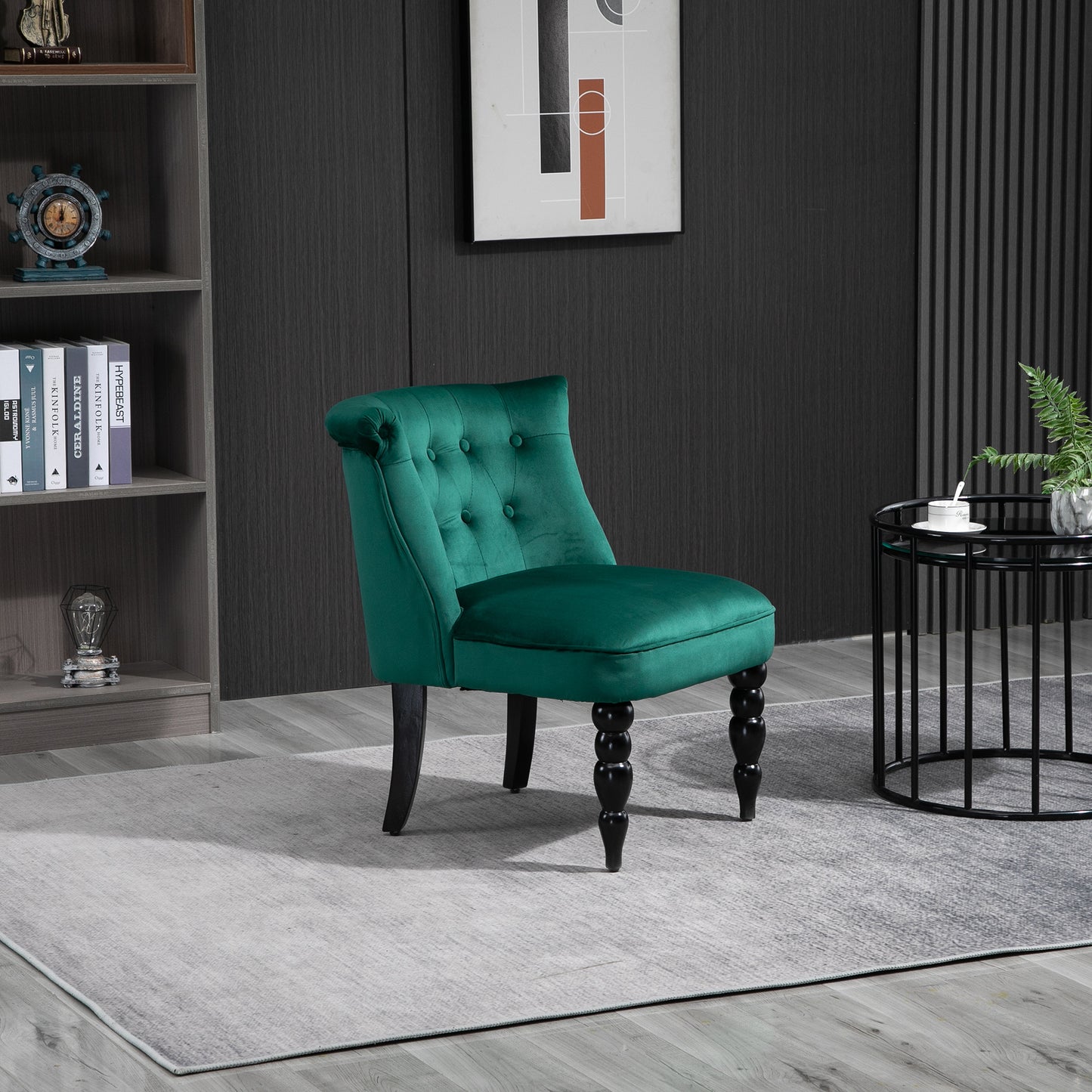 Velvet Accent Chair Tufted Wingback Chair w/ Rubber Wood Legs Dark Green