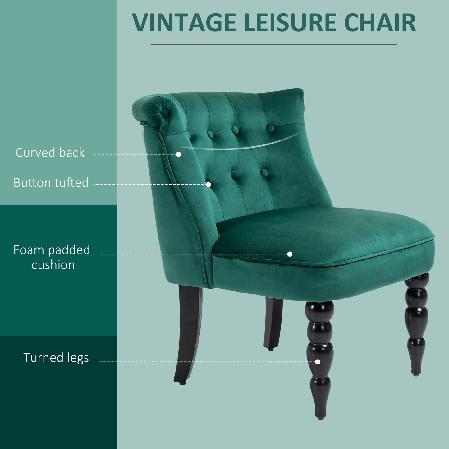 Velvet Accent Chair Tufted Wingback Chair w/ Rubber Wood Legs Dark Green