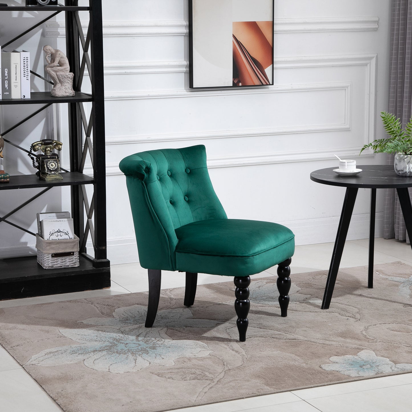 Velvet Accent Chair Tufted Wingback Chair w/ Rubber Wood Legs Dark Green
