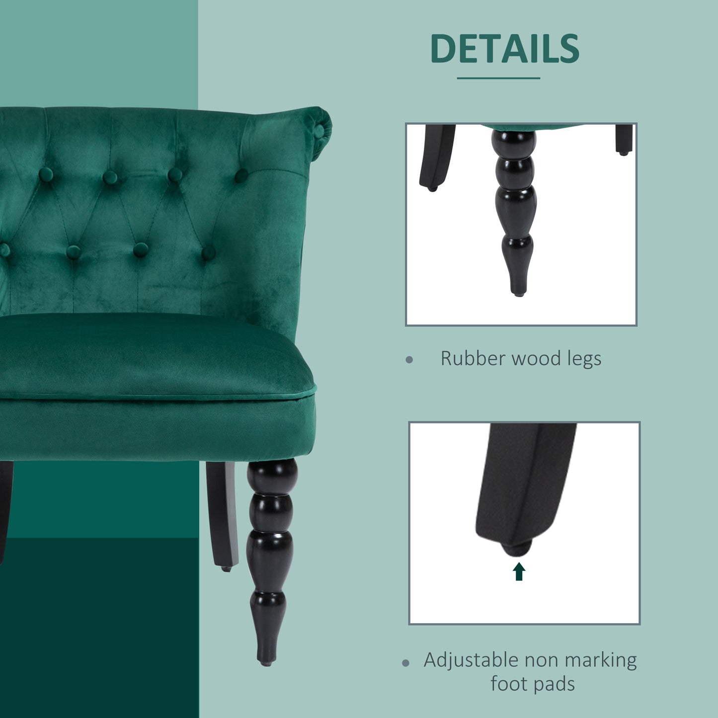Velvet Accent Chair Tufted Wingback Chair w/ Rubber Wood Legs Dark Green