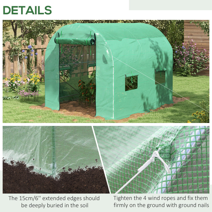 2.5 x 2m Walk-In Polytunnel Greenhouse, with Steel Frame, PE Cover, Roll-Up Door and 4 Windows, Green