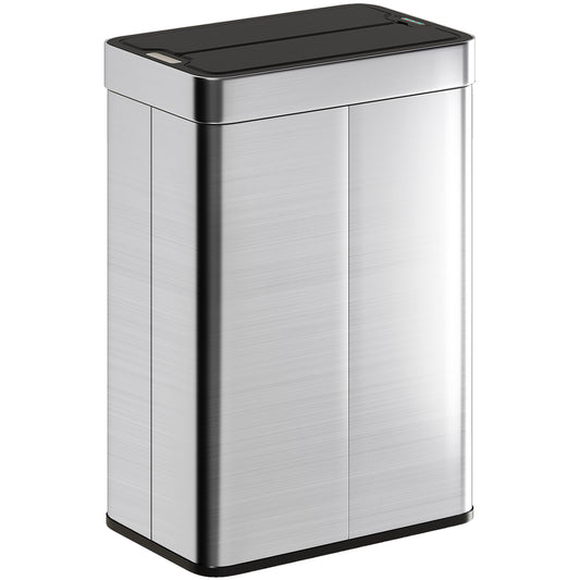 55L Sensor Bin, Large Automatic Touchless Rubbish Bin with Soft-Close Lid, Fingerprint-Proof Stainless Steel, Rectangular Trash Can for Kitchen, Gym, Home Office, Silver Tone