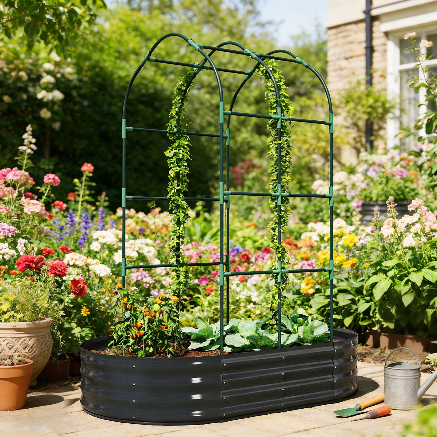 5 x 3 x 6ft Galvanised Raised Garden Bed with Trellis, Dark Grey