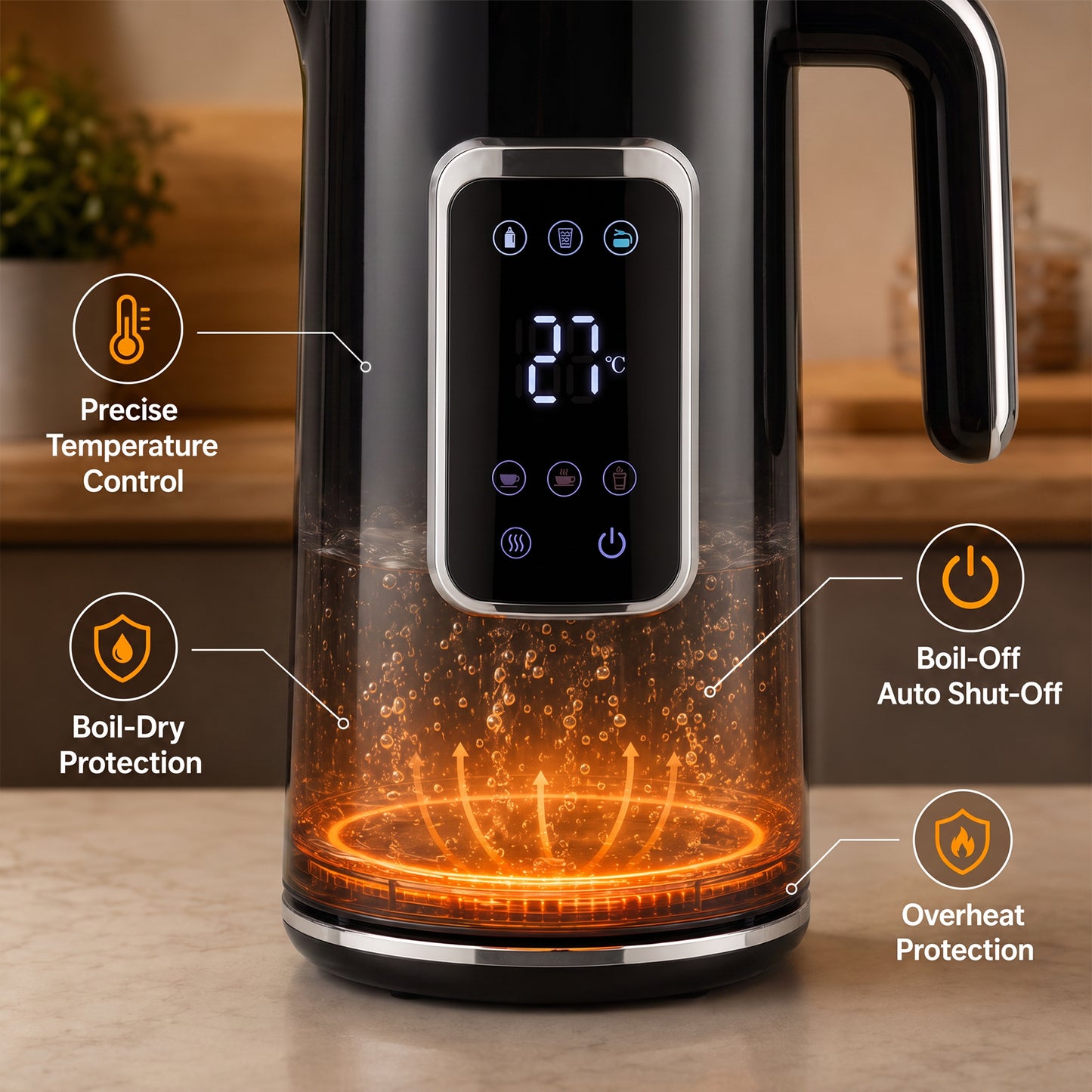 1.7L Fast Boil 3000W Electric Kettle with LED Display, Black