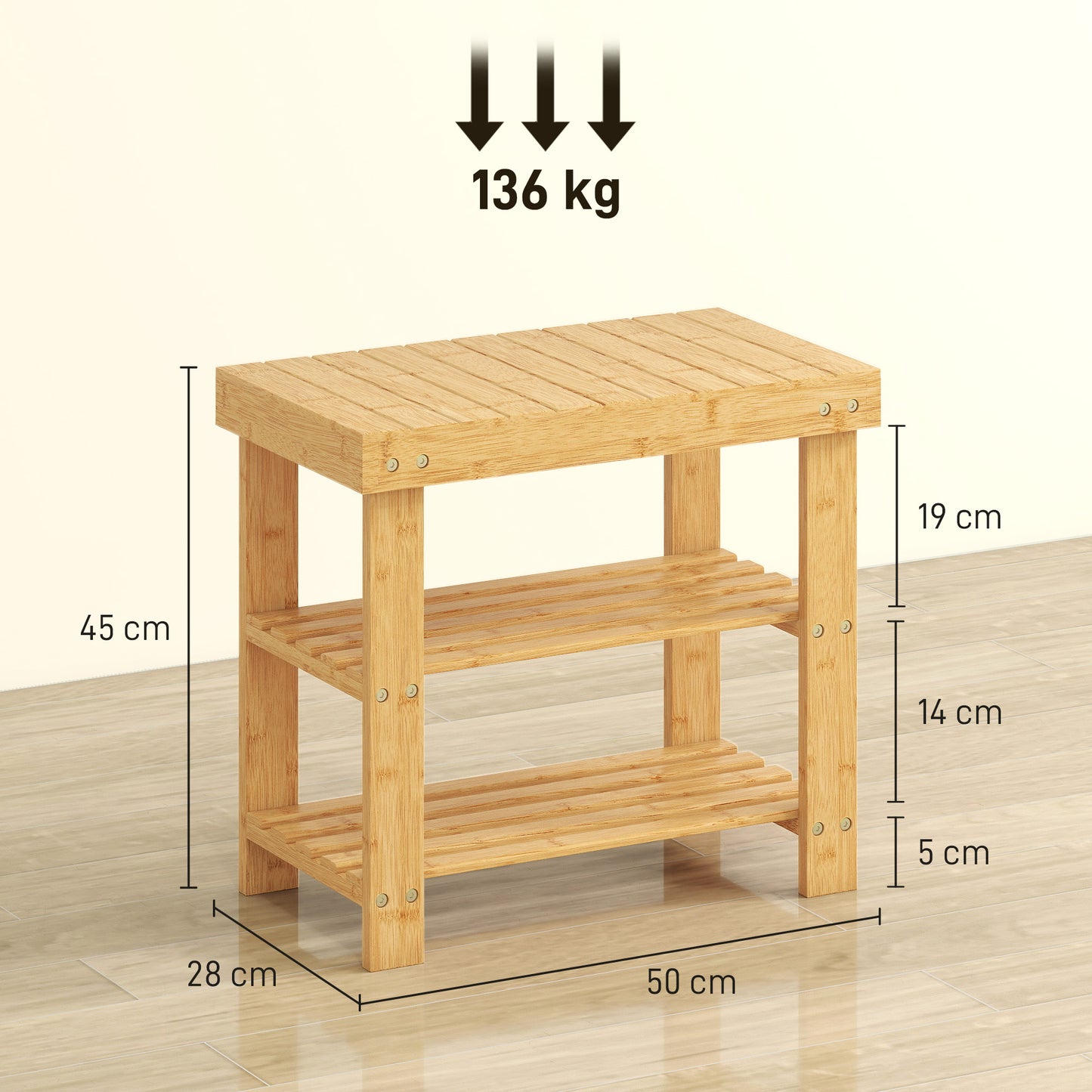3-Tier Bamboo Shoe Bench with 2 Shelves for Entryway, Wood Finish