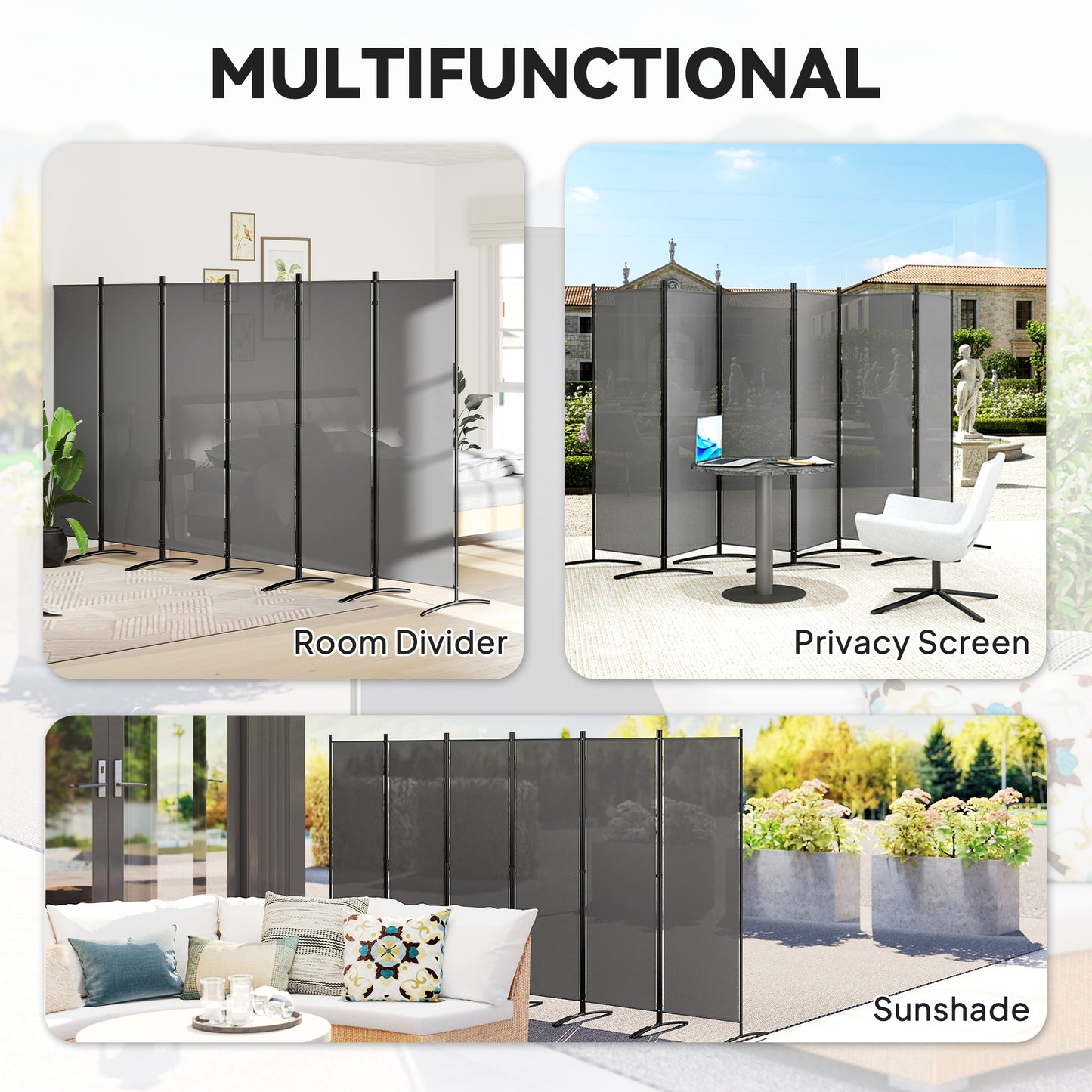 Garden Privacy Screen Foldable 6 Panel Room Divider, Dark Grey