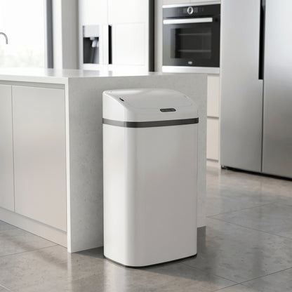 48L Sensor Bin, Stainless Steel Kitchen Bin with Automatic Soft Close Lid and Fingerprint-Proof for Recycling and Waste, White