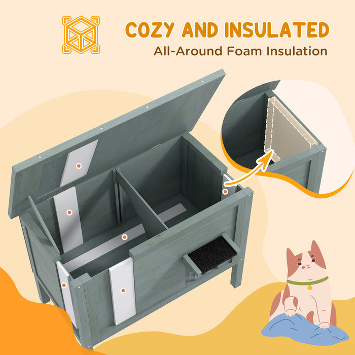 Outdoor Cat House Wooden Insulated with Removable Floor, Waterproof Openable Roof - Charcoal Grey