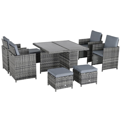Outsunny 9 Pieces PE Rattan Cube Garden Furniture Set with Cushions, Outdoor Rattan Dining Set with 4 Armchairs, 4 Stools, and Tempered Glass Top Table for Space Saving, Grey