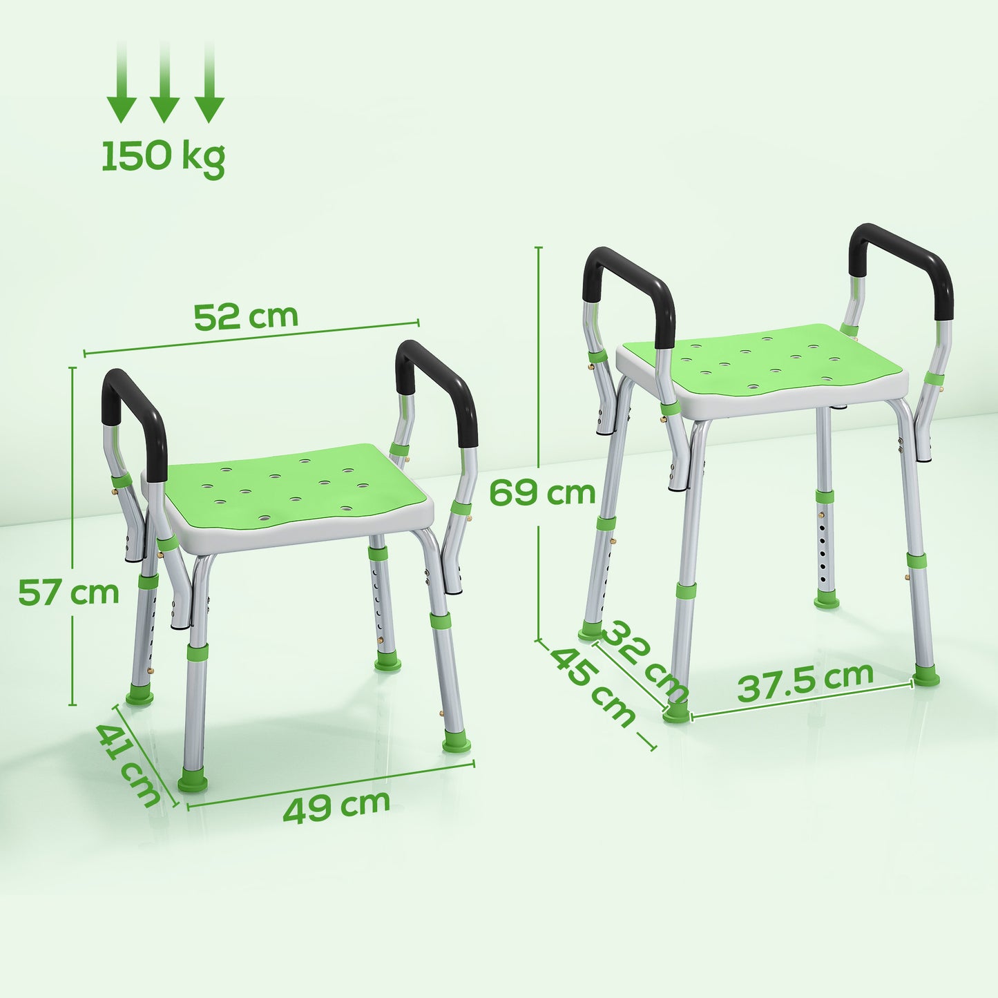 Rust-Free Aluminium Bath Chair with Adjustable Height, Green