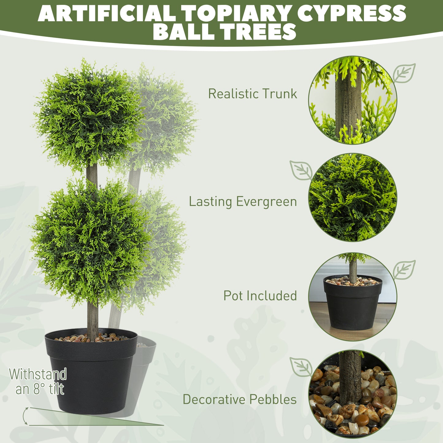 Set of 2 Artificial Topiary Cypress Ball Trees with Pot and Pebbles