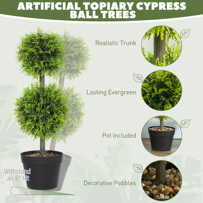 Set of 2 Artificial Topiary Cypress Ball Trees with Pot and Pebbles