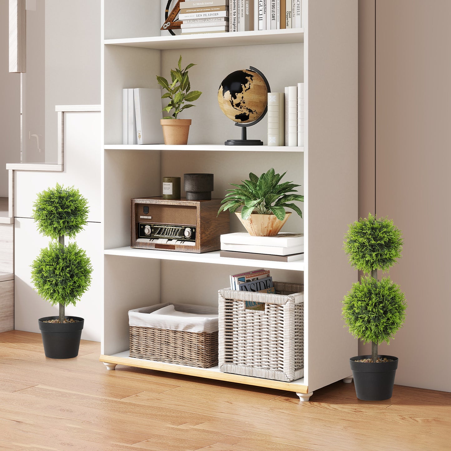 Set of 2 Artificial Topiary Cypress Ball Trees with Pot and Pebbles