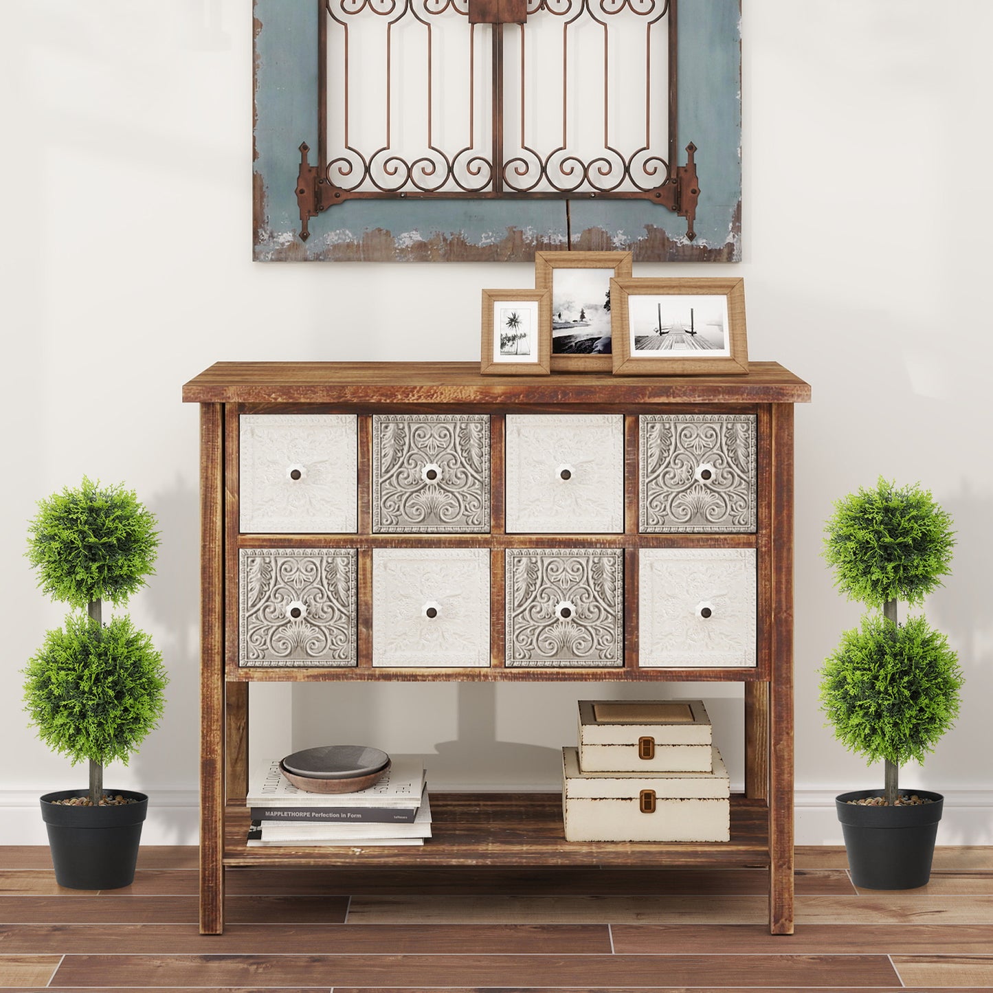 Set of 2 Artificial Topiary Cypress Ball Trees with Pot and Pebbles