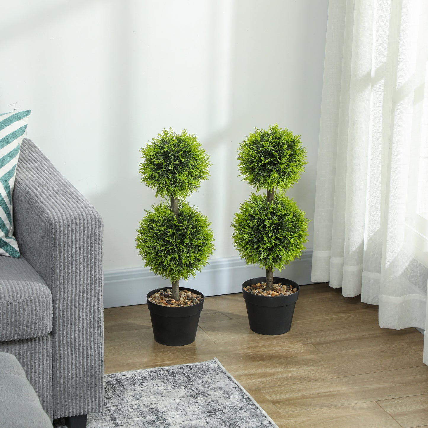 Set of 2 Artificial Topiary Cypress Ball Trees with Pot and Pebbles