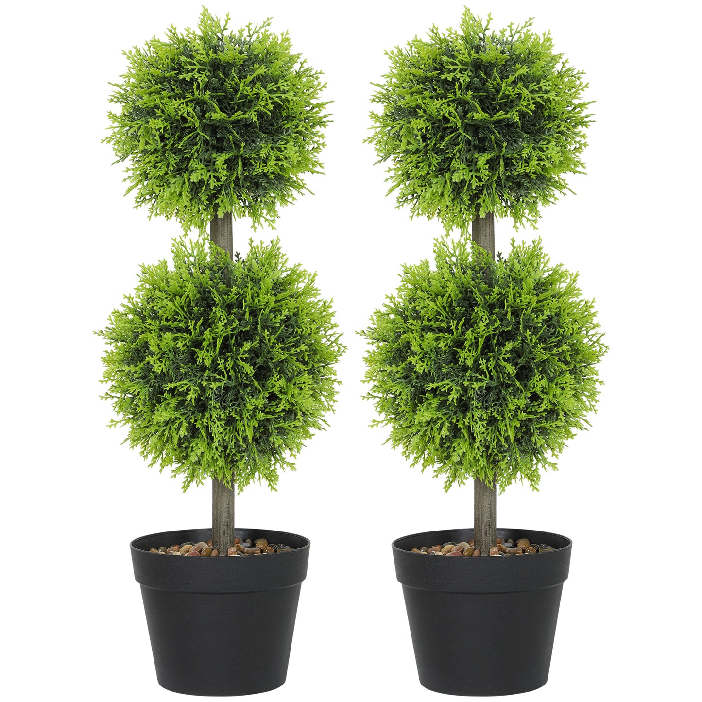 Set of 2 Artificial Topiary Cypress Ball Trees with Pot and Pebbles