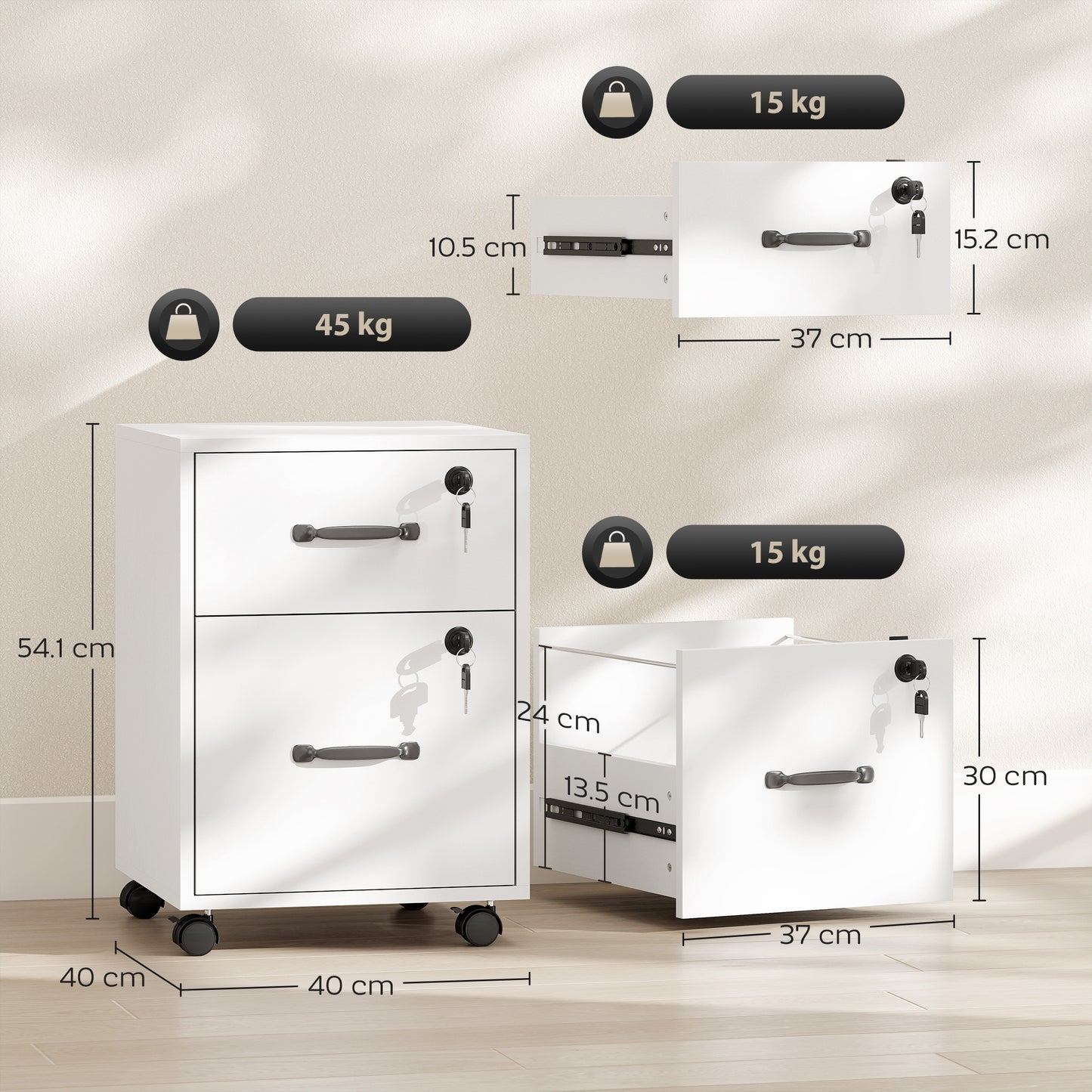 Roll File Cabinet with Drawer, Organiser Letter Size, White