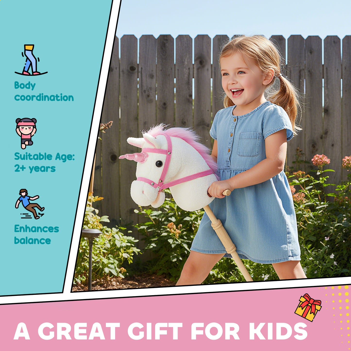 Stick Horse w/ Wood Wheels, Pony Neighing, Galloping Sounds White