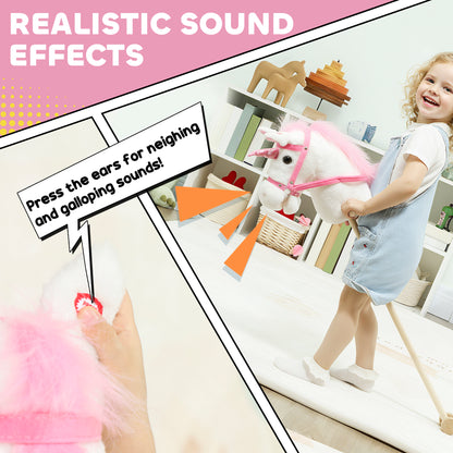 Stick Horse w/ Wood Wheels, Pony Neighing, Galloping Sounds White