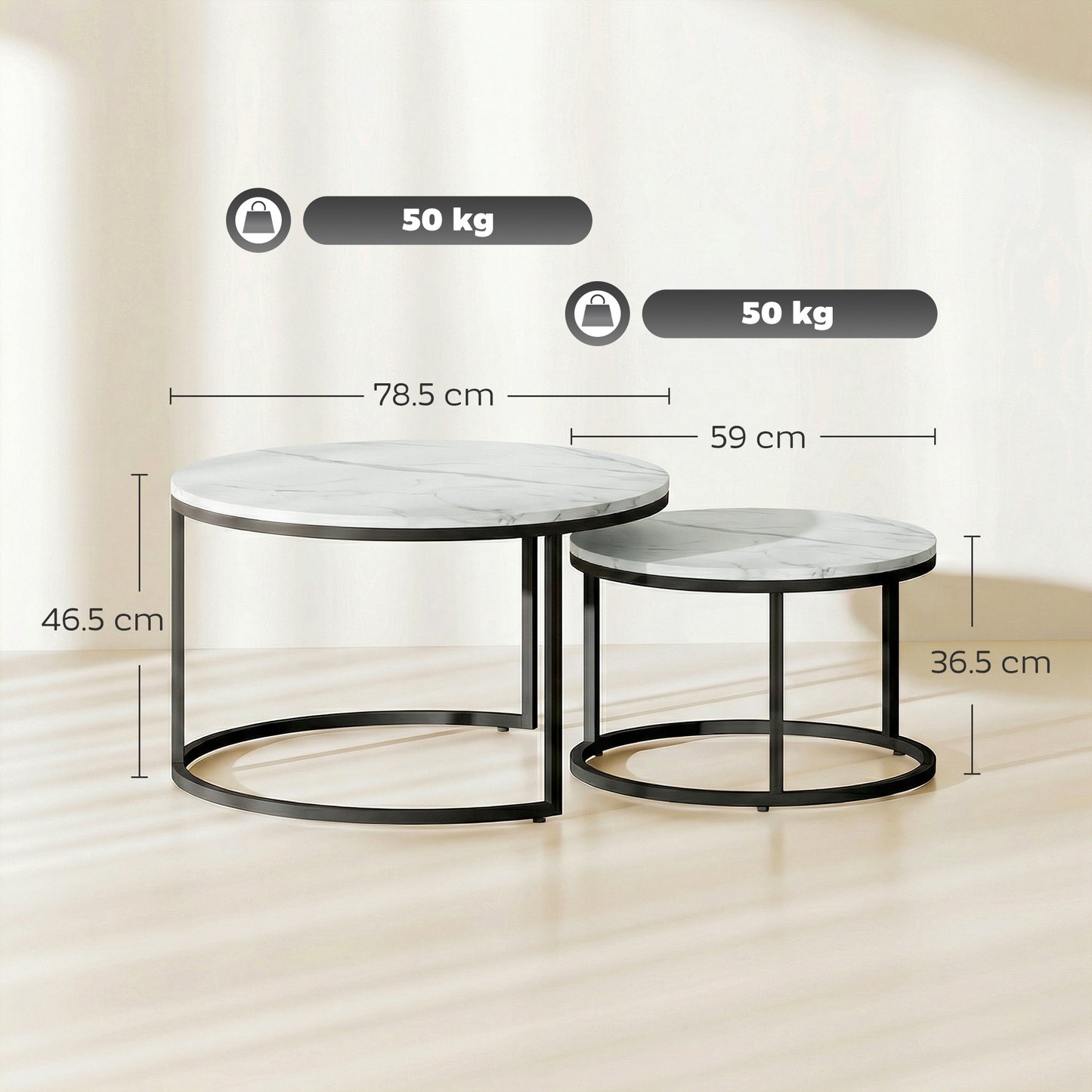 2 Pcs Stacking Coffee Table Set Steel Frame, Marble White
