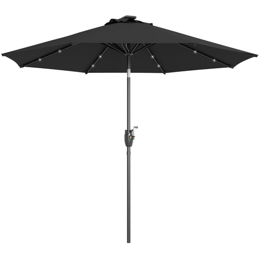 Φ2.7m Garden Parasol Solar Outdoor Tilt Sun Umbrella Patio Sun Shade w/ 24 LED Light, Hand Crank and 8 Ribs, Black