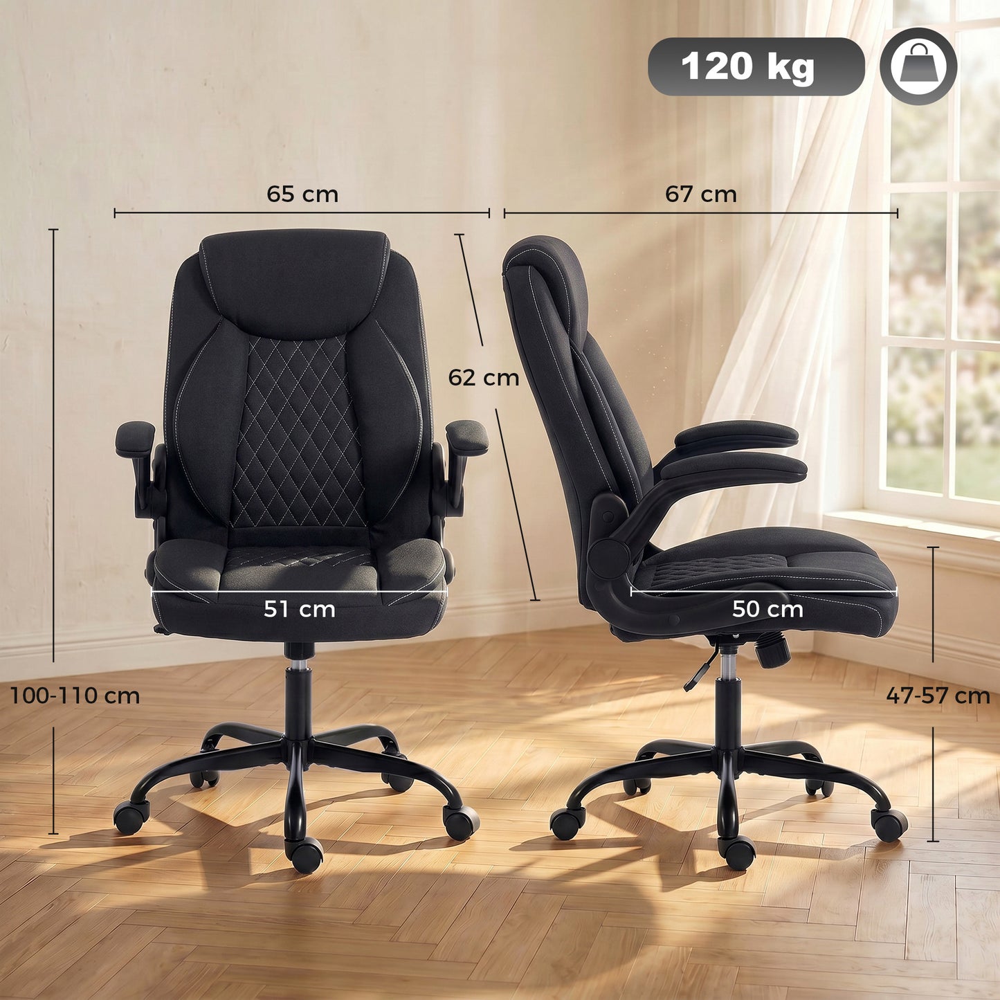 Linen-Look Computer Desk Chair with Thick Cushion, Black