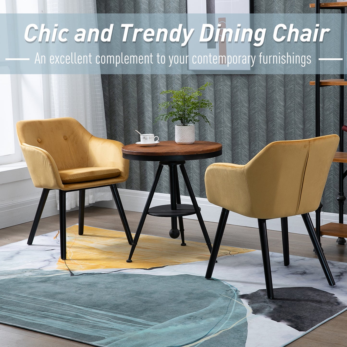 Upholstered Velvet Fabric Bucket Seat Dining Armchair Set of 2 Yellow