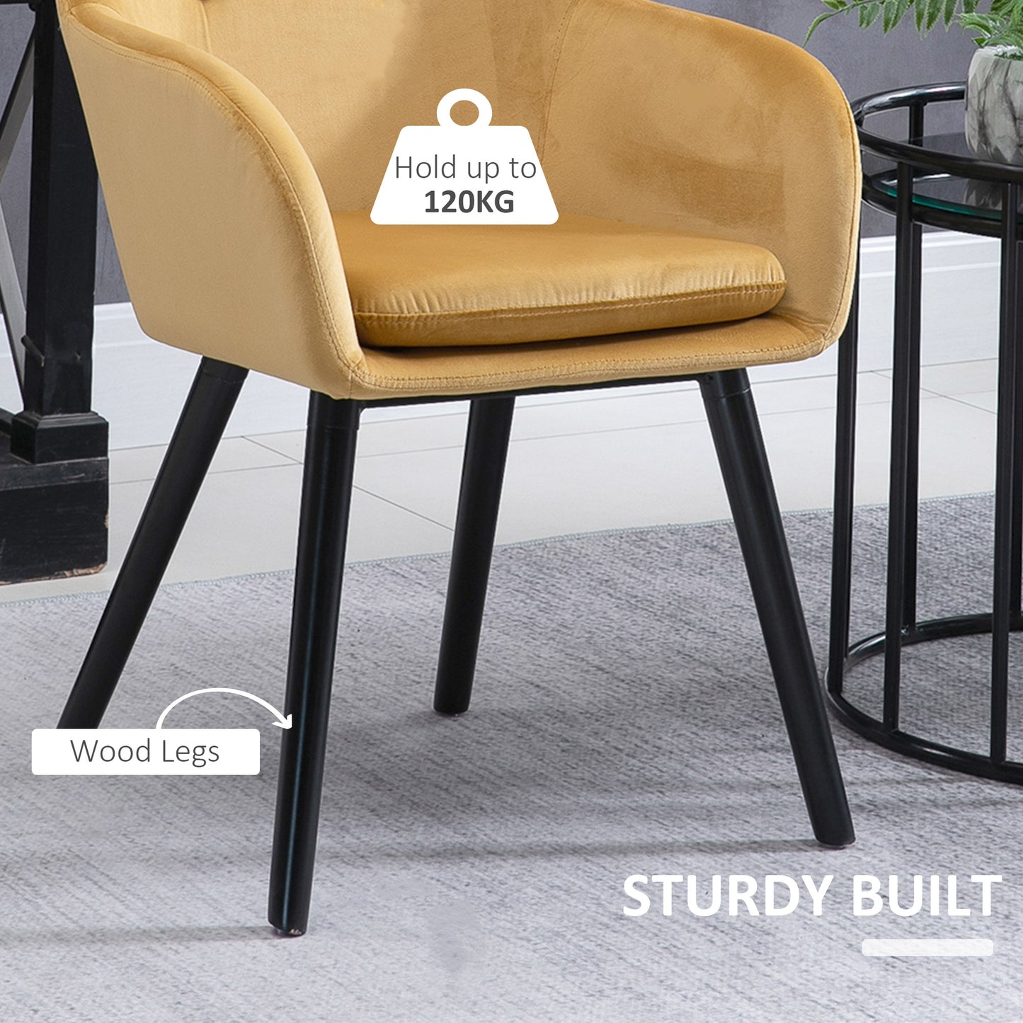 Upholstered Velvet Fabric Bucket Seat Dining Armchair Set of 2 Yellow