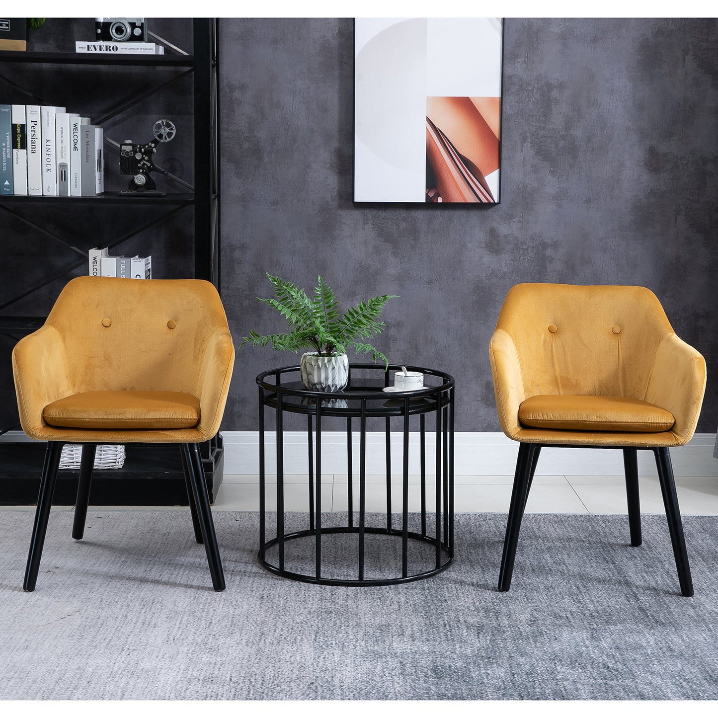 Upholstered Velvet Fabric Bucket Seat Dining Armchair Set of 2 Yellow