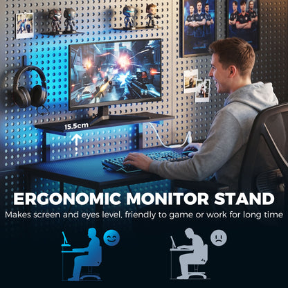 Reversible L-Shaped Gaming Desk with LED Lights and USB Power Strip - Black