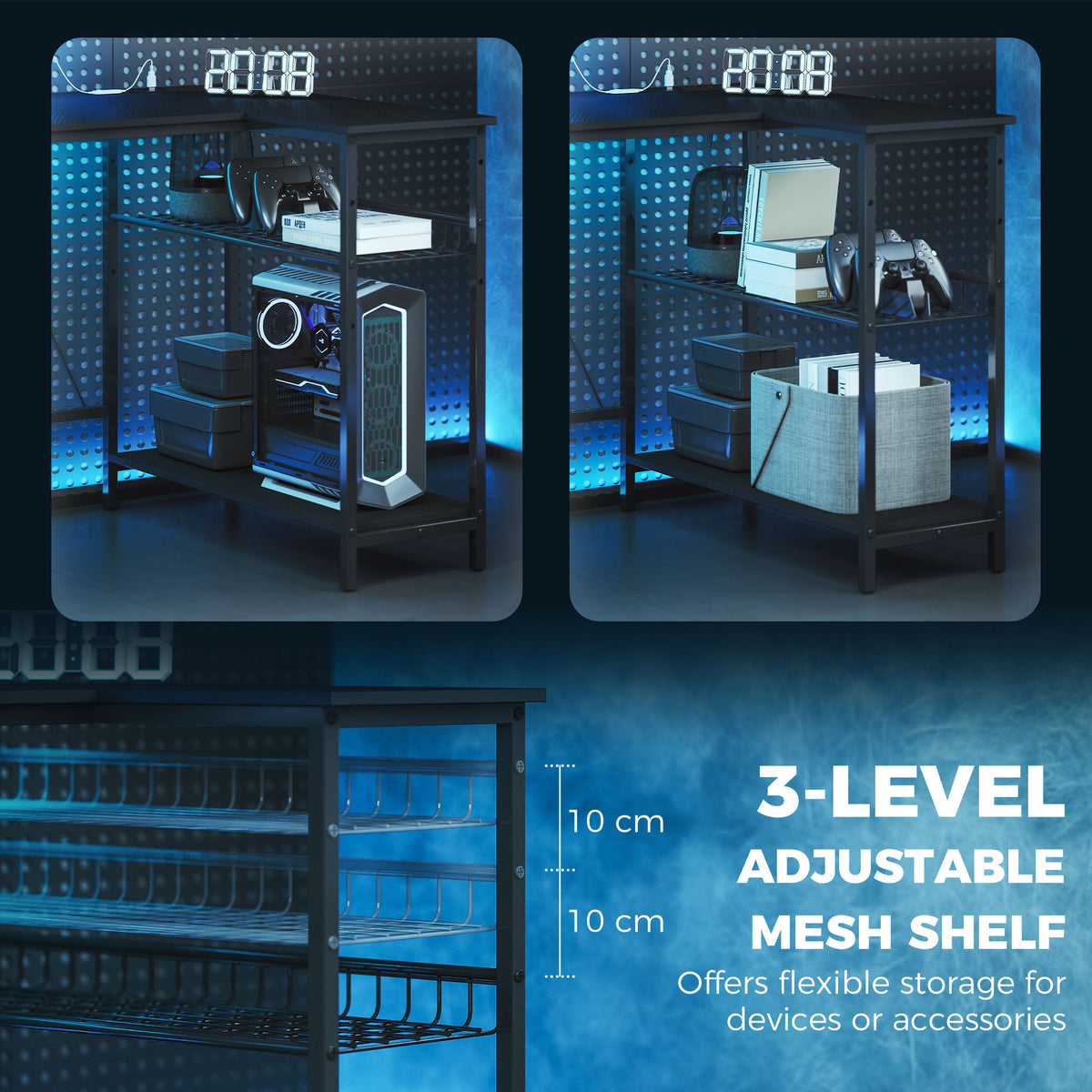 Reversible L-Shaped Gaming Desk with LED Lights and USB Power Strip - Black
