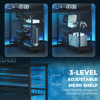 Reversible L-Shaped Gaming Desk with LED Lights and USB Power Strip - Black