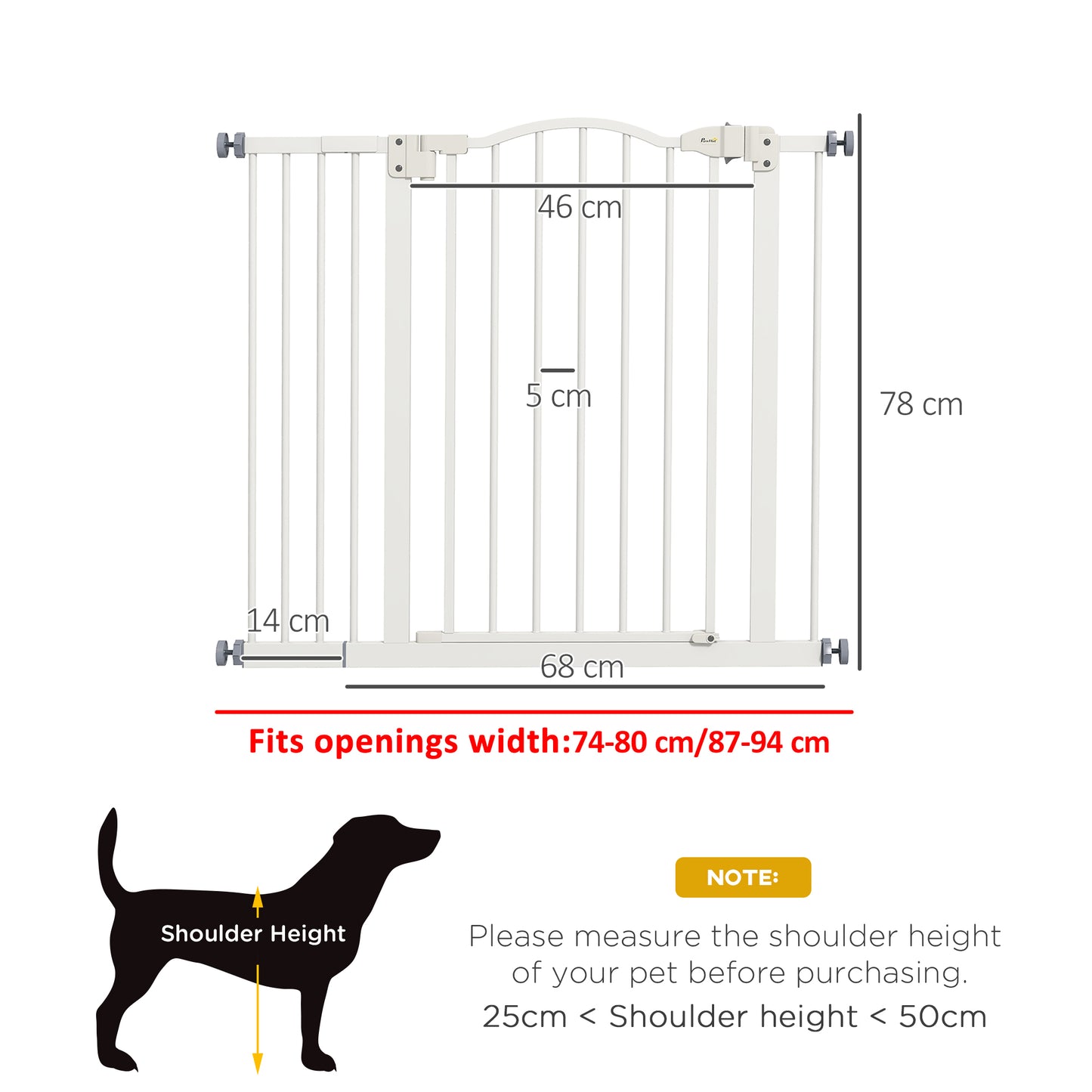74-94cm Adjustable Metal Pet Gate Safety Barrier w/ Auto-Close White