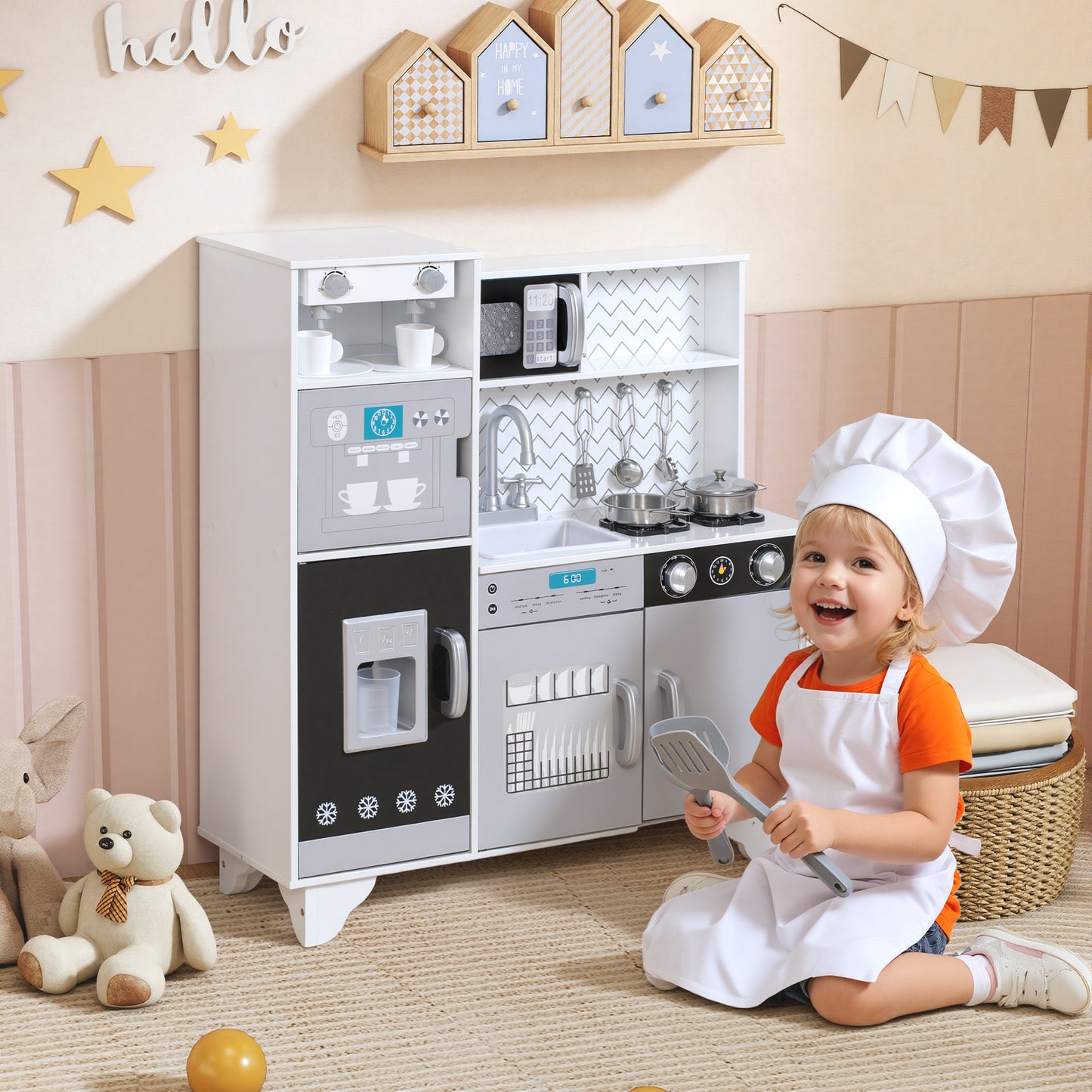 Kids Play Kitchen Toy Kitchen with Stove Sounds, Ice & Coffee Maker