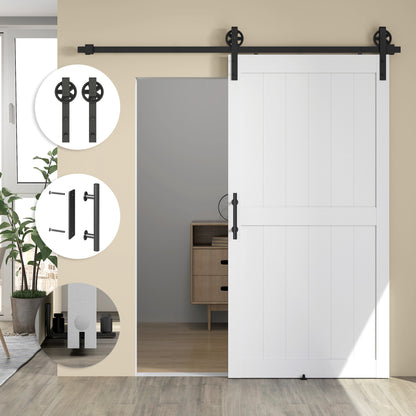 213.4cm Sliding Barn Door Kit, Sliding Door with Track, Hardware, Upgraded Rollers and Floor Guide, Industrial Handle, Water-Proof PVC Surface, White