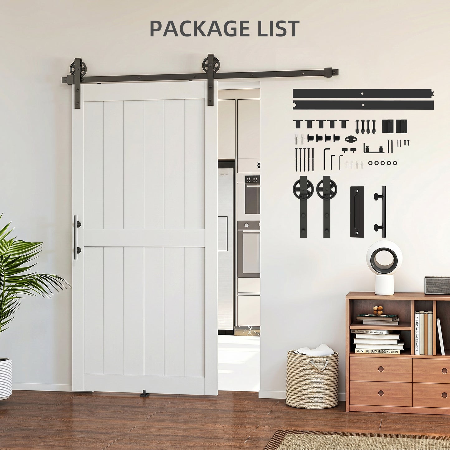 107 x 213 cm Sliding Barn Door with 213 cm Sliding Door Hardware Kit & Industrial Handle, Upgraded Rollers and Floor Guide, Waterproof Plastic Surface, Pre-Drilled Easy Assembly, White