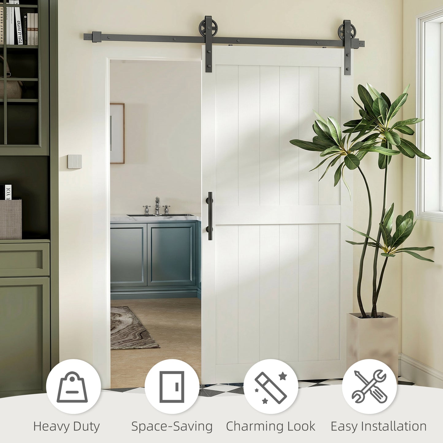 107 x 213 cm Sliding Barn Door with 213 cm Sliding Door Hardware Kit & Industrial Handle, Upgraded Rollers and Floor Guide, Waterproof Plastic Surface, Pre-Drilled Easy Assembly, White