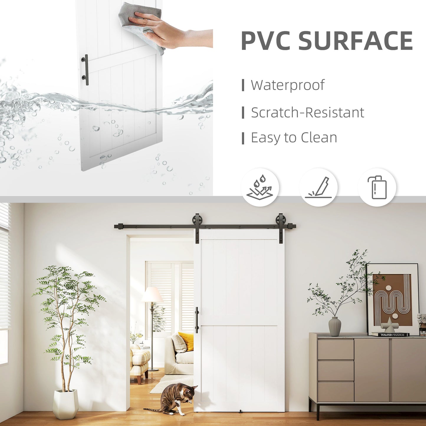 213.4cm Sliding Barn Door Kit, Sliding Door with Track, Hardware, Upgraded Rollers and Floor Guide, Industrial Handle, Water-Proof PVC Surface, White