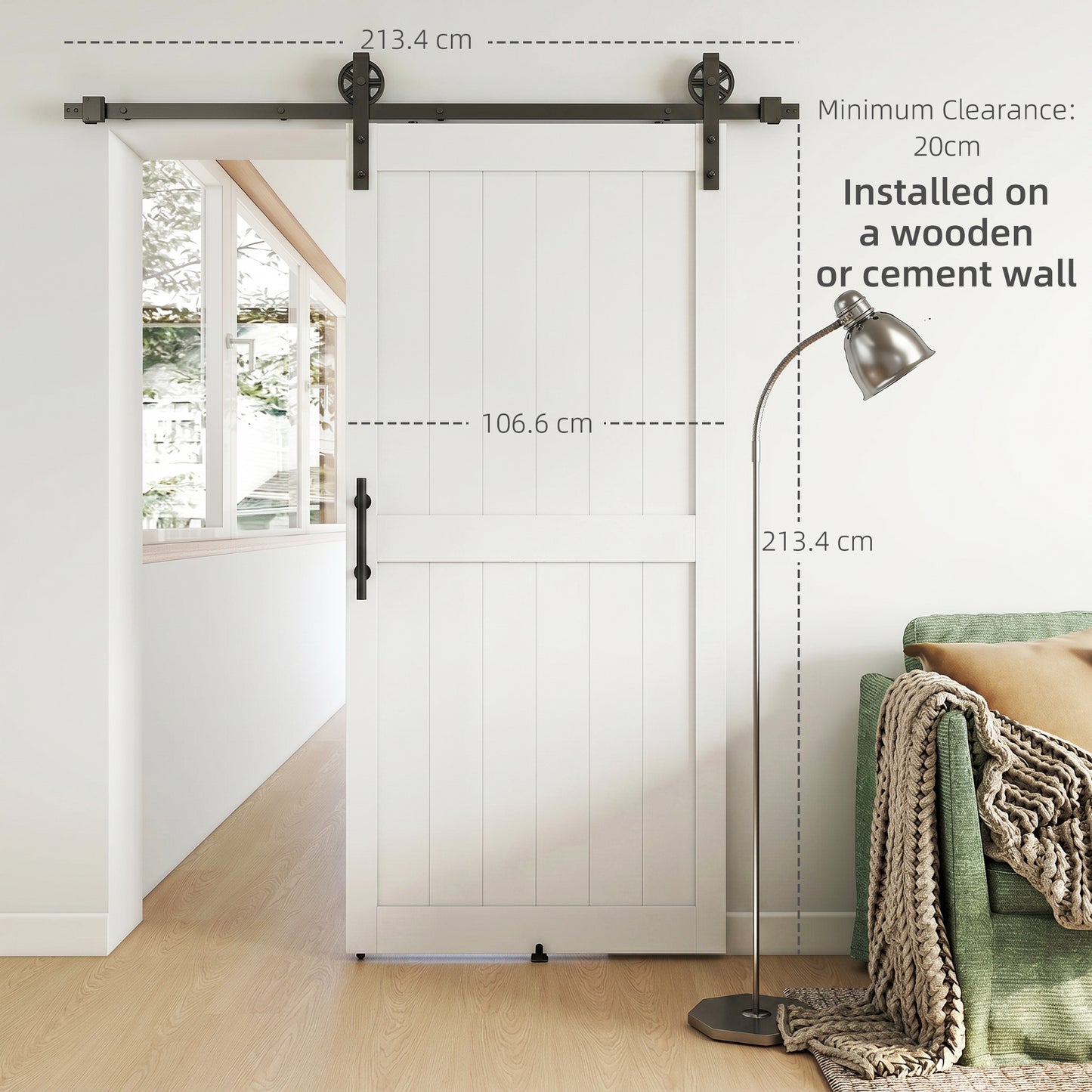 107 x 213 cm Sliding Barn Door with 213 cm Sliding Door Hardware Kit & Industrial Handle, Upgraded Rollers and Floor Guide, Waterproof Plastic Surface, Pre-Drilled Easy Assembly, White