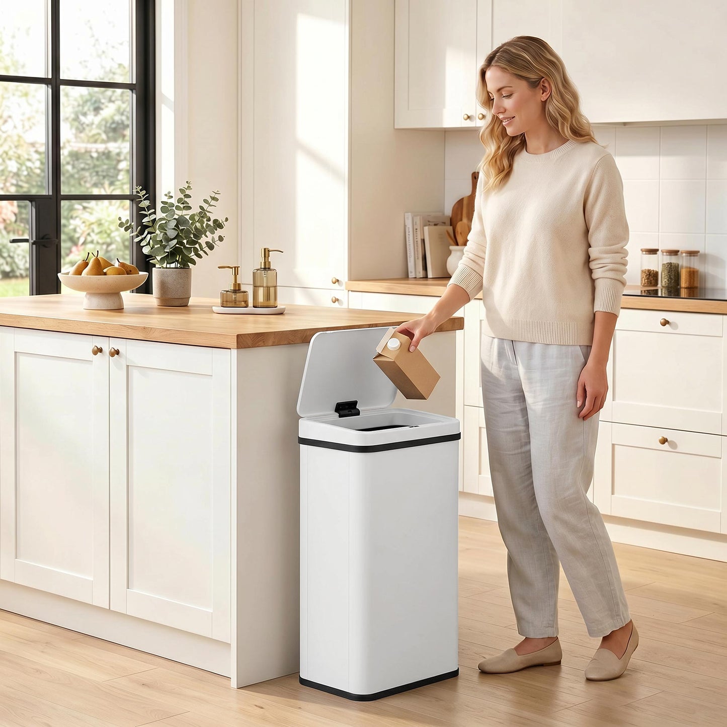 50L Sensor Bin with Quiet Soft-Close Lid, Automatic Touchless Motion Sensor Kitchen Bin with Fingerprint Resistant Stainless Steel for Hygienic Gyms, Home Office Use, White