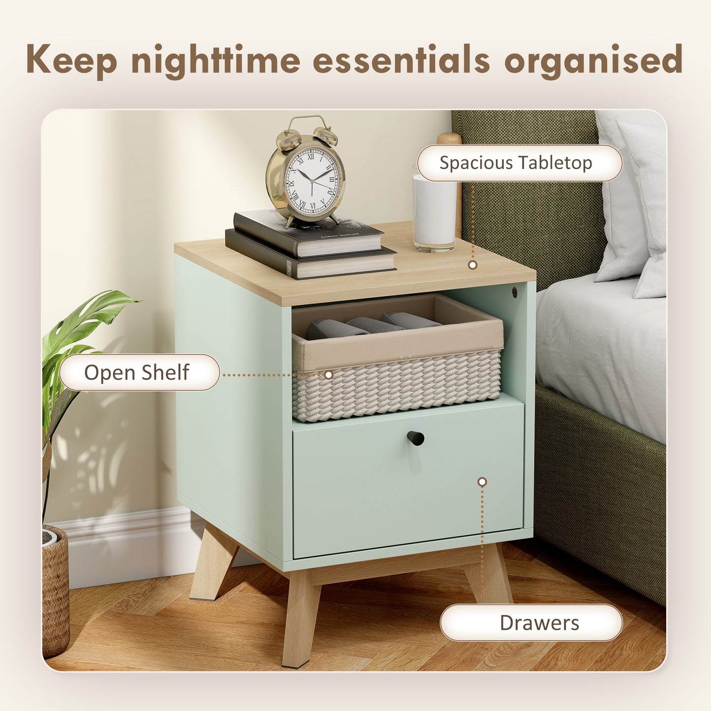 Modern Nightstand Set of 2, Bedside Table with Drawer and Open Shelf