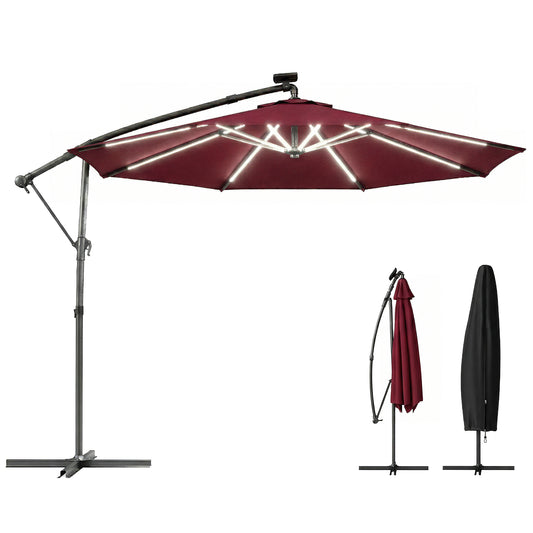 3 m Garden Cantilever Parasol with Solar Light, Rotation, Wine Red