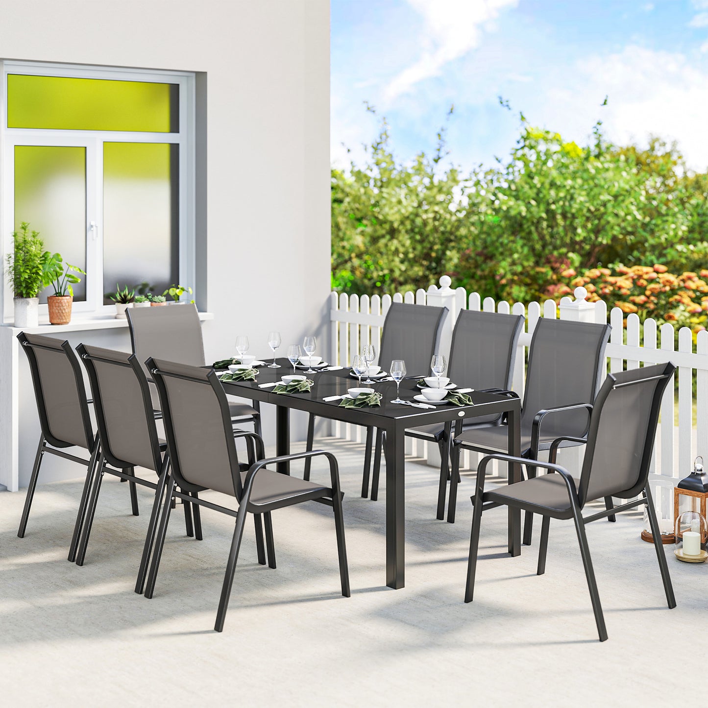 9 Pieces Patio Dining Set with Stackable Chairs, Dark Grey