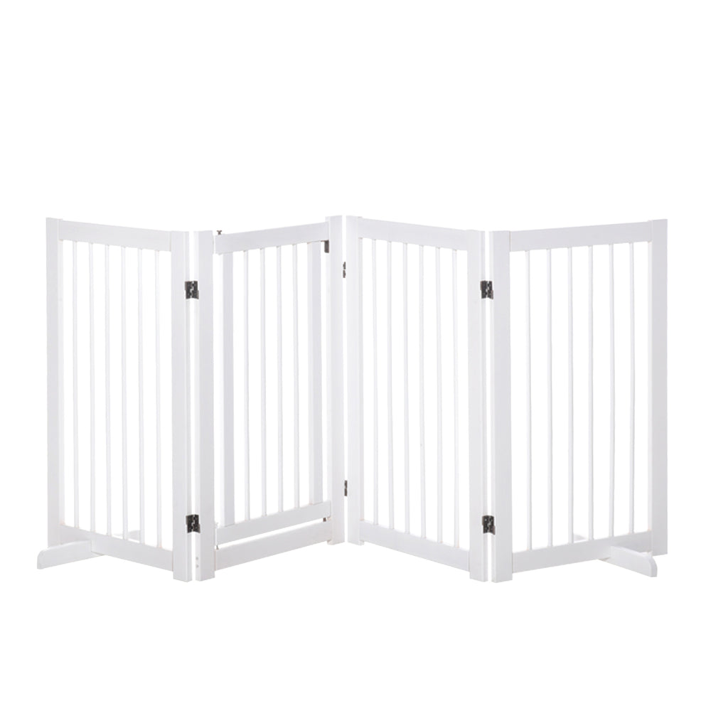 Wooden Freestanding Pet Gate 4 Panels 91cm Foldable Dog Safety Fence with 2 Support Feet Walk-through Door for Doorway Stairs White