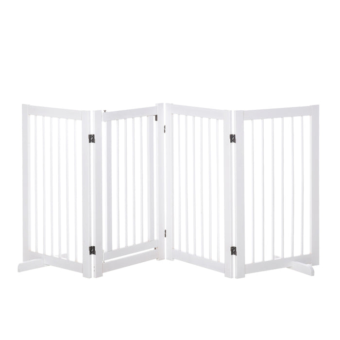 Wooden Freestanding Pet Gate 4 Panels 91cm Foldable Dog Safety Fence with 2 Support Feet Walk-through Door for Doorway Stairs White