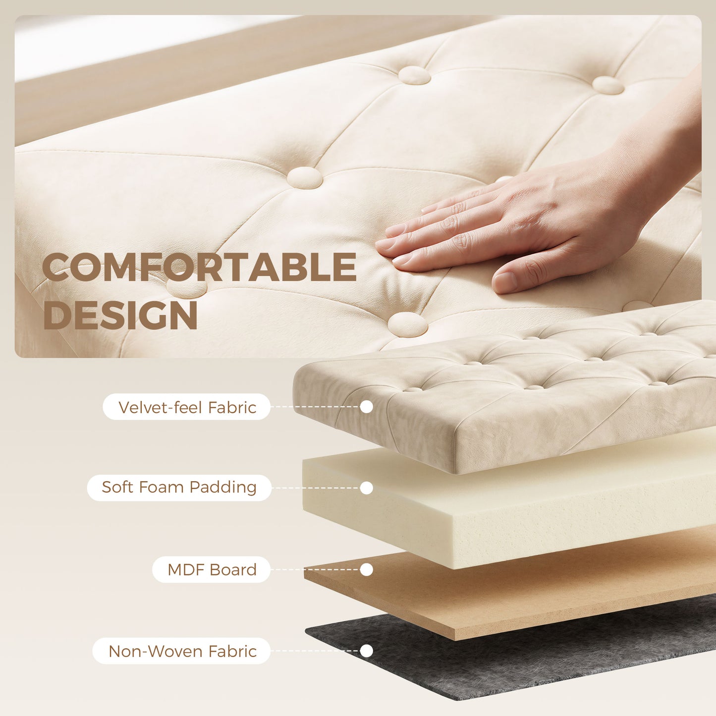Velvet Upholstered Foldable Ottoman Footrest with Wood Legs, Cream