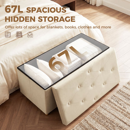Velvet Upholstered Foldable Ottoman Footrest with Wood Legs, Cream