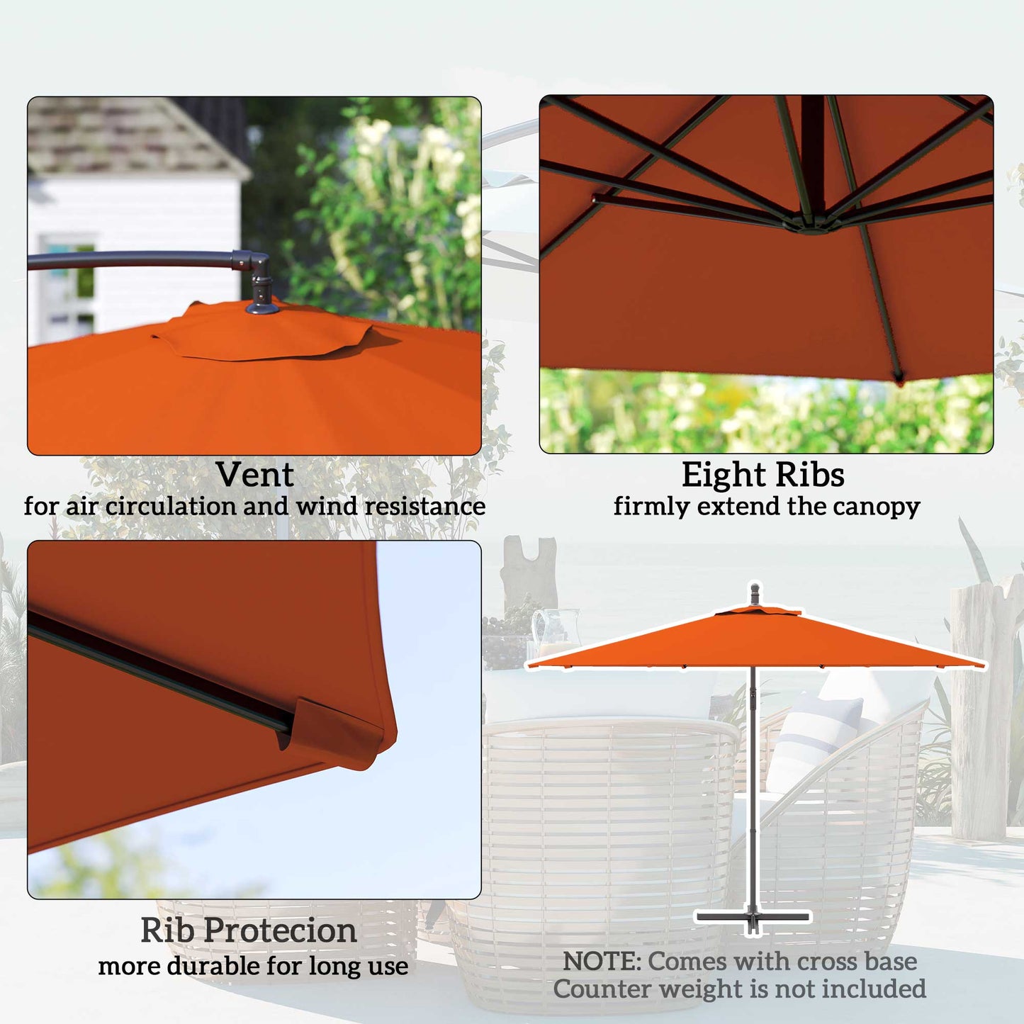 3(m) Garden Banana Parasol Cantilever Umbrella w/ Base, Orange