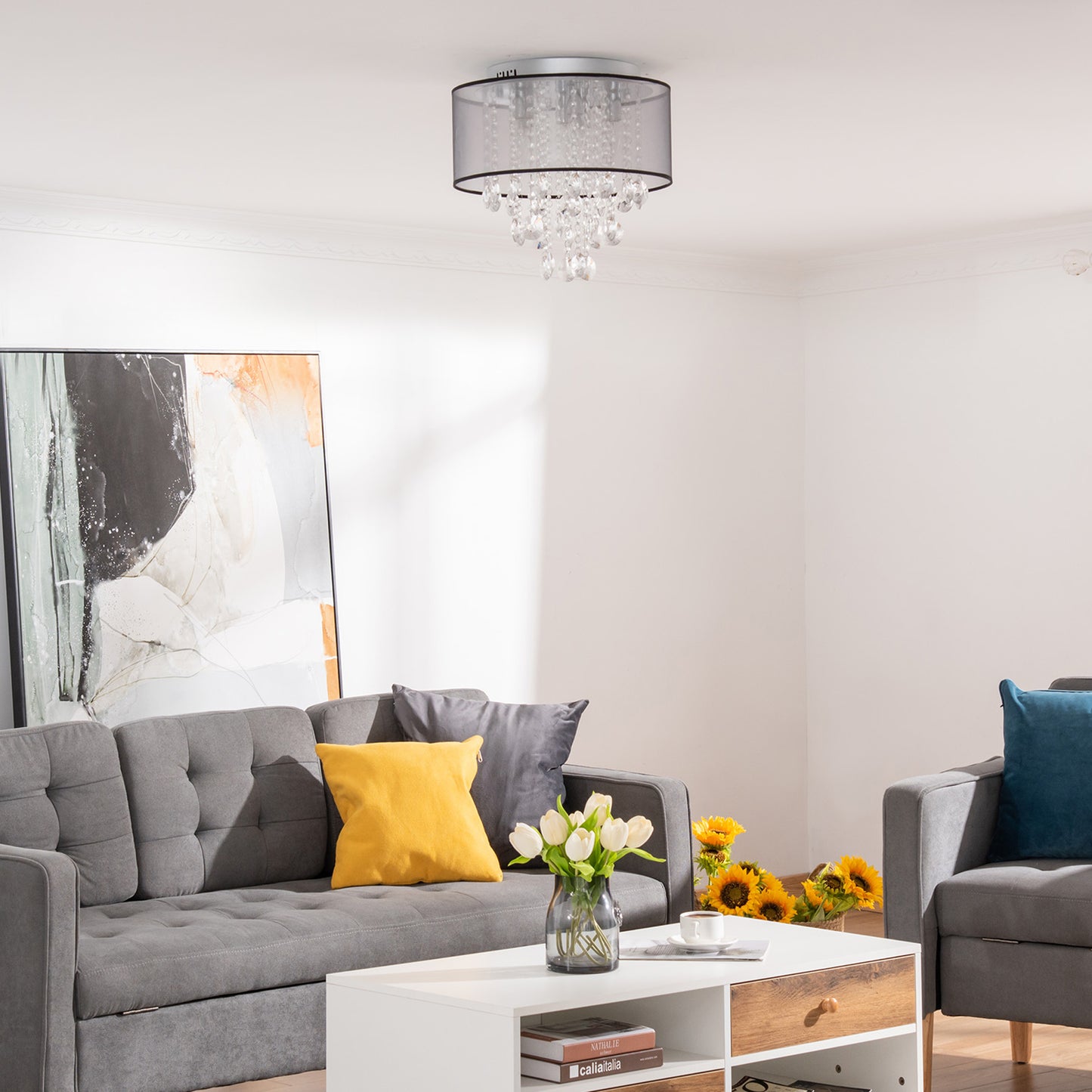 Modern Crystal Chandelier Flush Mount Ceiling Light for Bedroom, 40cm
