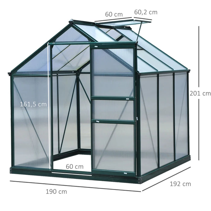 6 x 6ft Polycarbonate Greenhouse, Large Walk-In Green House with Slide Door and Window, Garden Plants Grow House with Aluminium Frame and Foundation, Green